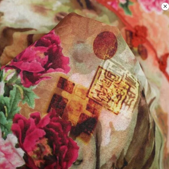 Vibrant Floral Print Blouse Top 3/4 Sleeve Frog Closure Accent Stretch Shirt - Picture 7 of 9